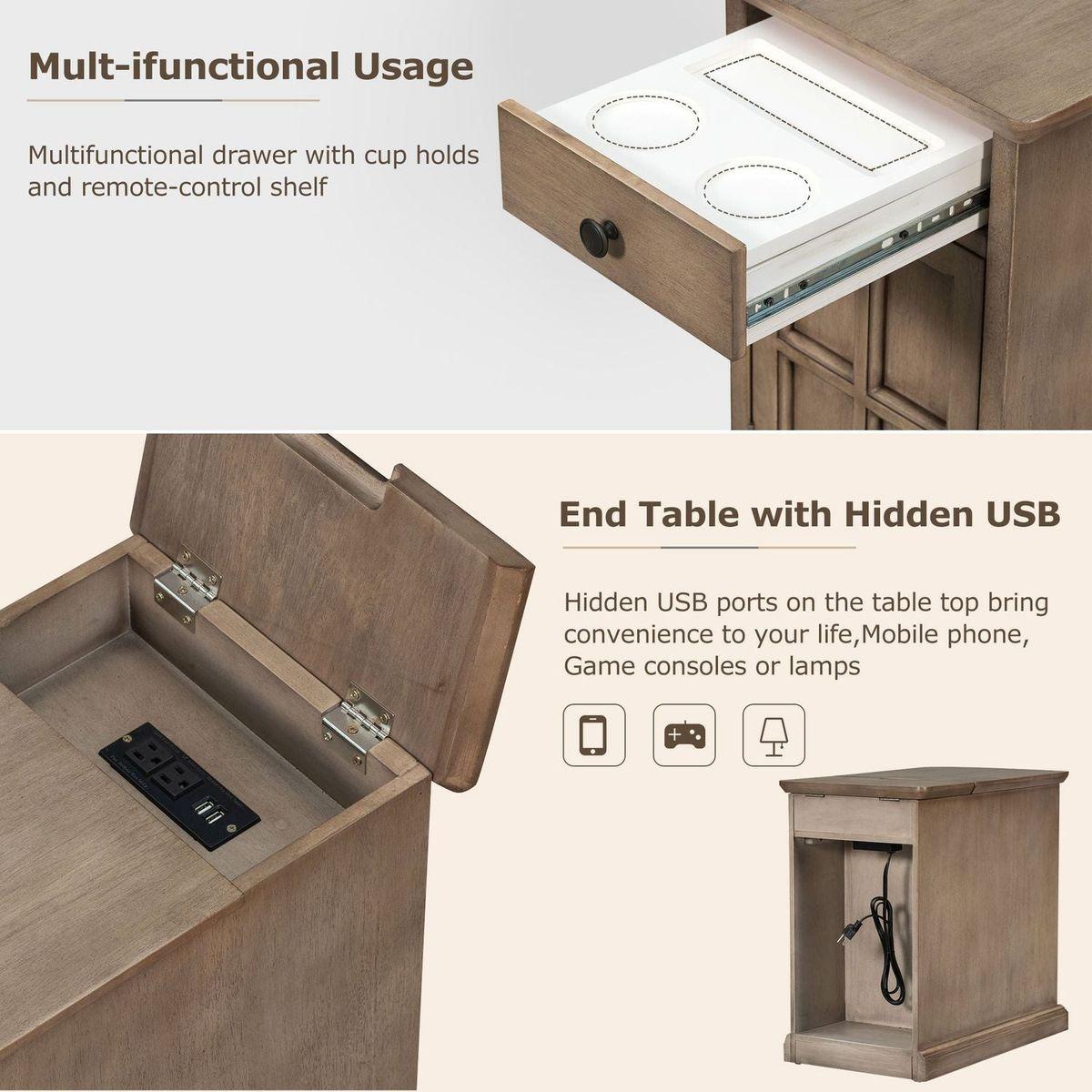 Classic Vintage Livingroom End Table Side Table with USB Ports and One Multifunctional Drawer with cup holders, Antique Brown
