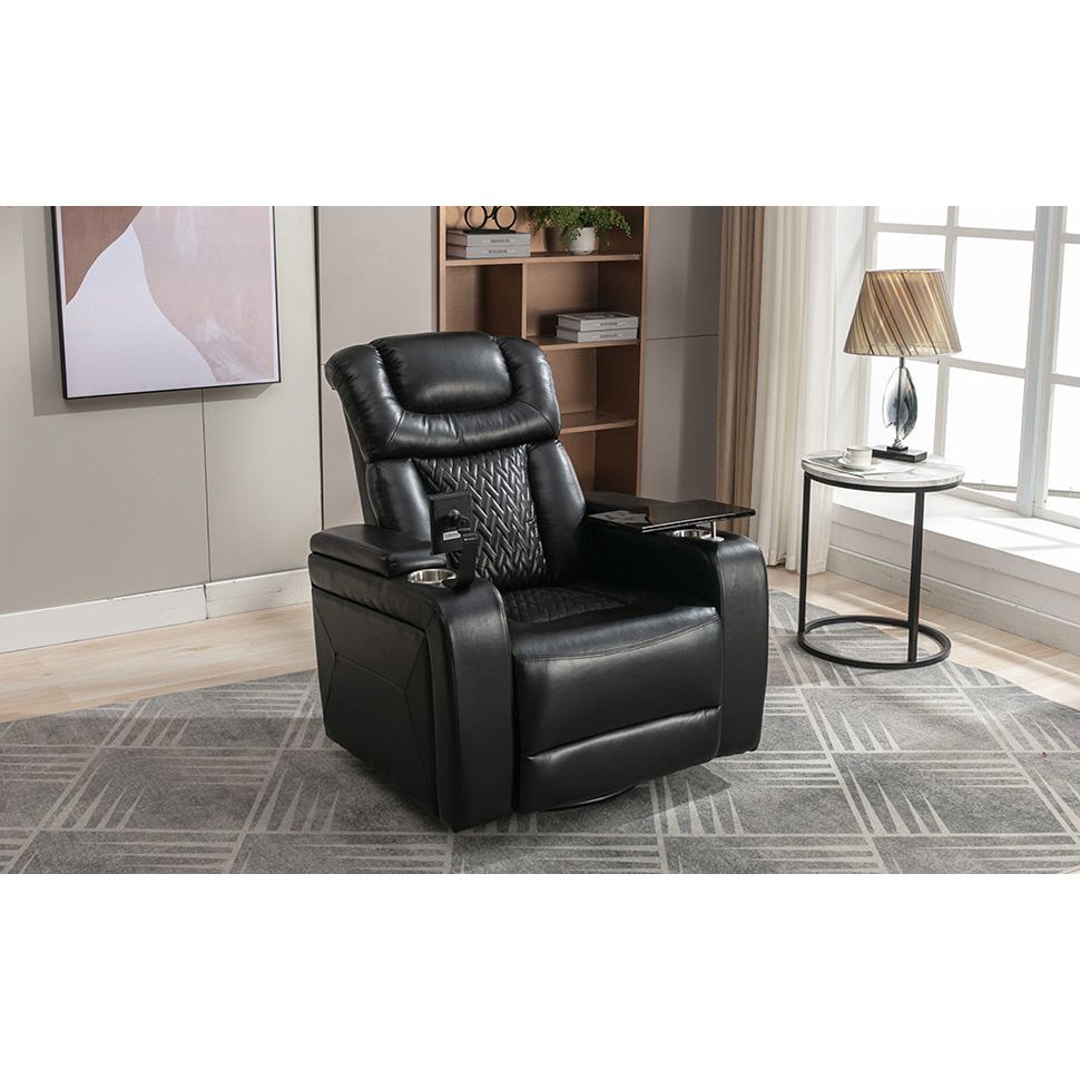 270 Degree Swivel PU Leather Power Recliner Individual Seat Home Theater Recliner with Comforable Backrest, Tray Table, Phone Holder, Cup Holder, USB Port, Hidden Arm Storage for Living Room, Black