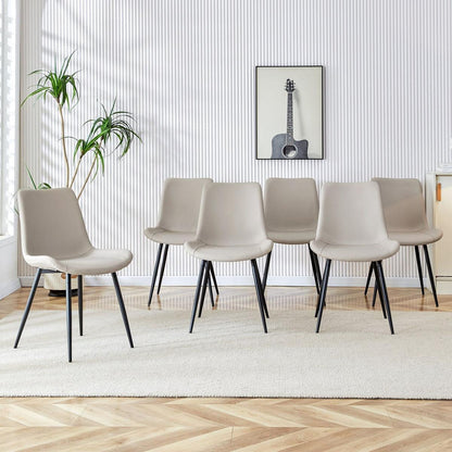 Light gray artificial leather backrest cushion dining chair, black metal legs, curved widened cushion design for more comfort, suitable for restaurants, kitchens, bedrooms, offices.(6 chairs) 0502
