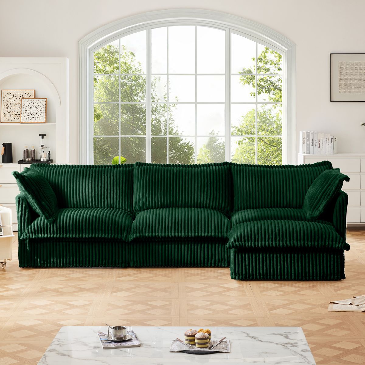 L-Shaped Slipcovered Sectional Sofa Couch, Comfy Deep Seat Cloud Couch with Convertible Ottoman & 2 Big Pillows, Modern Oversized 3 Seater Slipcovered Sofa Set for Living Room Office, Green Corduroy