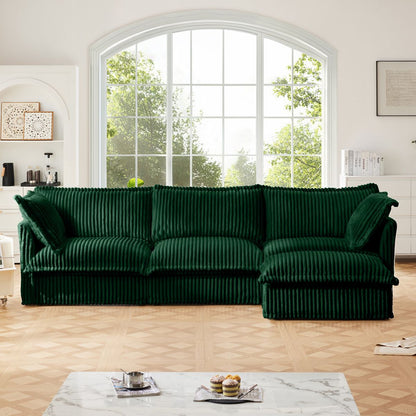 L-Shaped Slipcovered Sectional Sofa Couch, Comfy Deep Seat Cloud Couch with Convertible Ottoman & 2 Big Pillows, Modern Oversized 3 Seater Slipcovered Sofa Set for Living Room Office, Green Corduroy