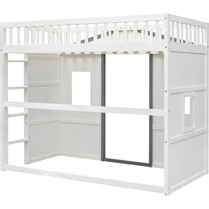 Twin Size House Loft Bed With Ladder-White+Gray Frame