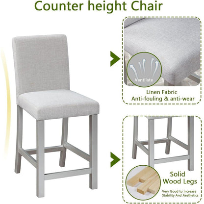 5 Piece Counter Height Table Set, Wooden Kitchen Table Set with Square Table and 4 Upholstered Chairs, Counter Height Dining Table with Crystal Decoration and Chair Set for Kitchen, Dining Room,Gray