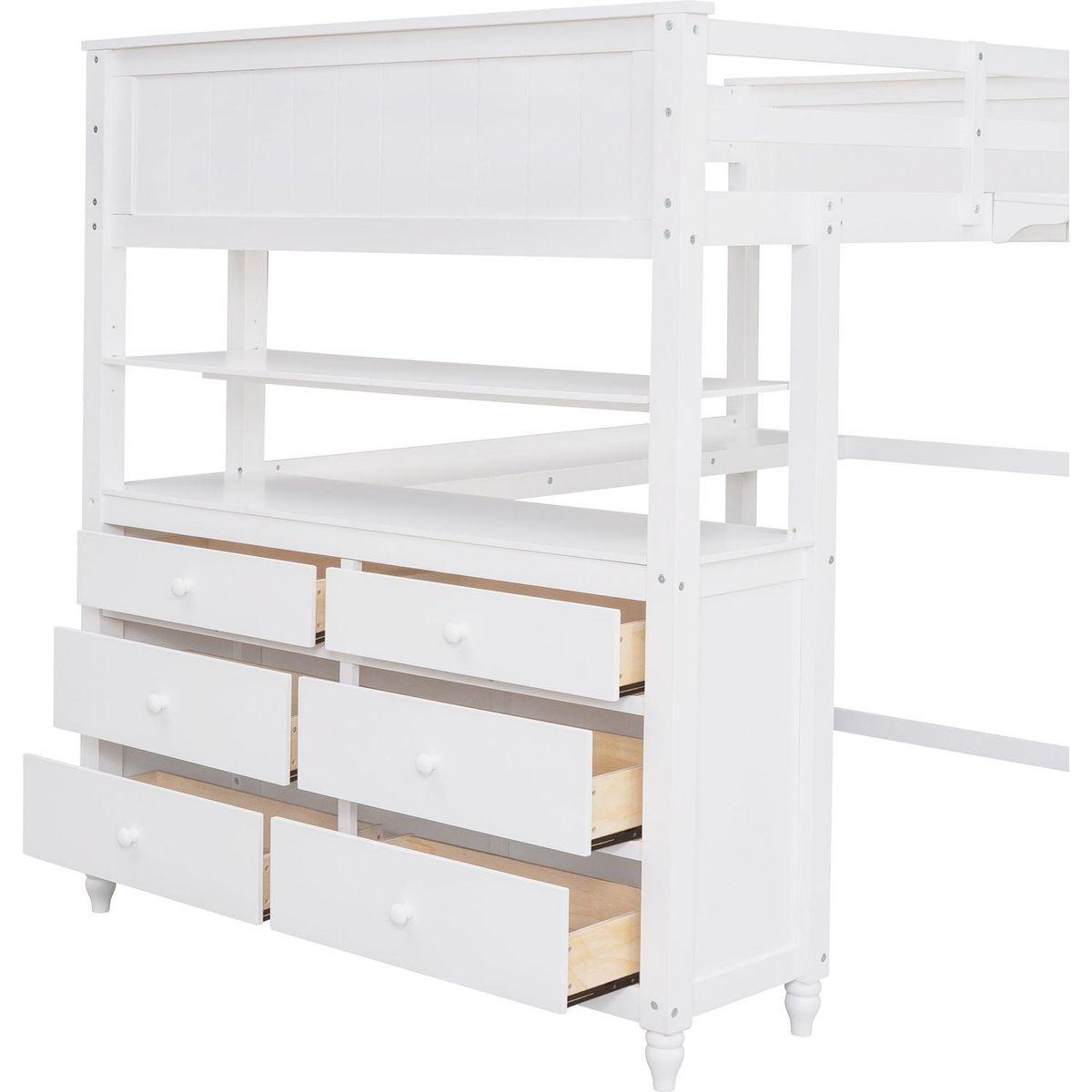 Full size Loft Bed with Drawers and Desk, Wooden Loft Bed with Shelves - White
