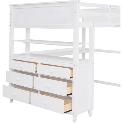 Full size Loft Bed with Drawers and Desk, Wooden Loft Bed with Shelves - White