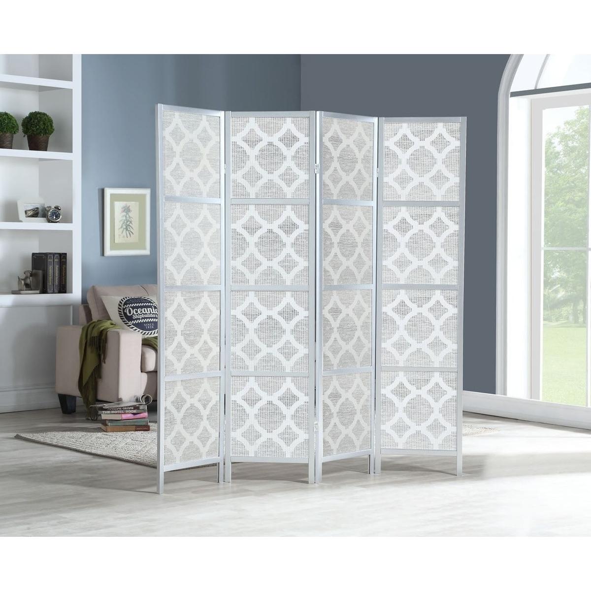Quarterfoil infused Diamond Design 4-Panel Room Divider, Silver