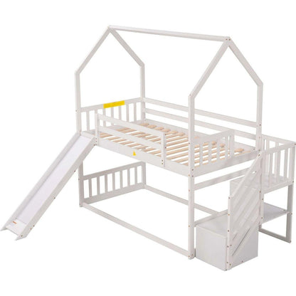 Twin over Twin House Bunk Bed with Convertible Slide,Storage Staircase,White