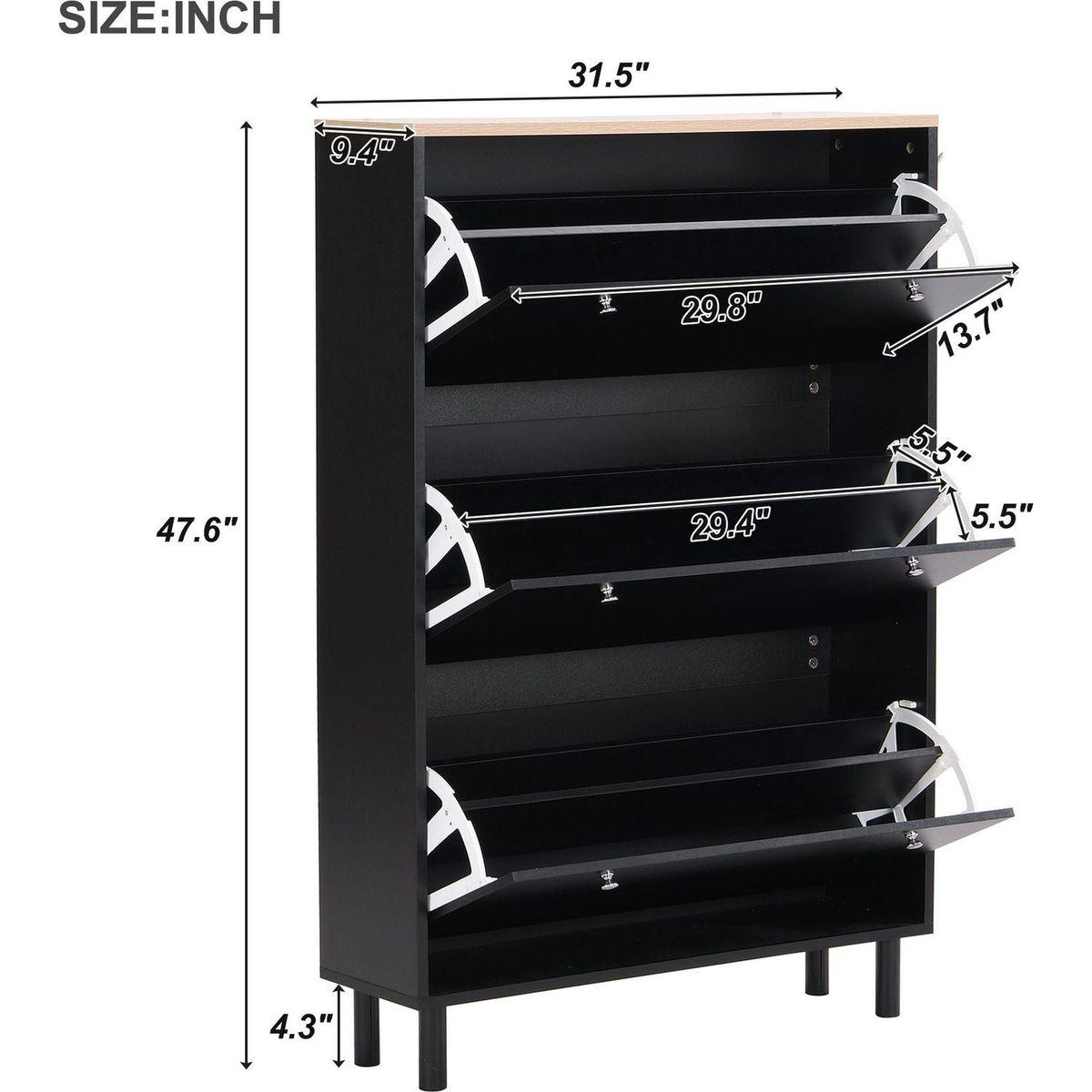 Narrow Design Shoe Cabinet with 3 Flip Drawers, Wood Grain Pattern Top Entryway Organizer with 3 Hooks, Free Standing Shoe Rack with Adjustable Panel for Hallway, Black