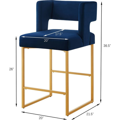 Modern Fashion Counter Height Bar Stools with Unique Square Open Backrest, Set of 2 Versatile Bar Chairs with Sturdy Iron Legs, 26" H Counter Height Chairs for kitchen islands, Navy /Gold