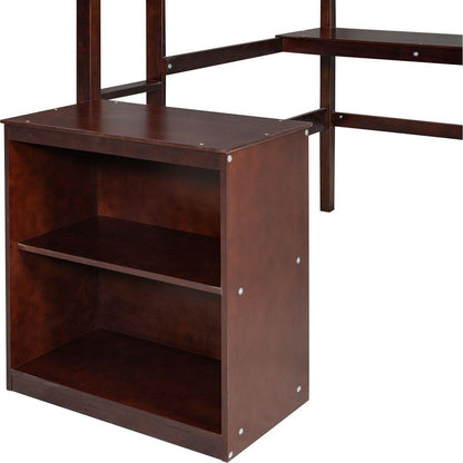 Twin size Loft Bed with Desk and Writing Board, Wooden Loft Bed with Desk & 2 Drawers Cabinet- Espresso