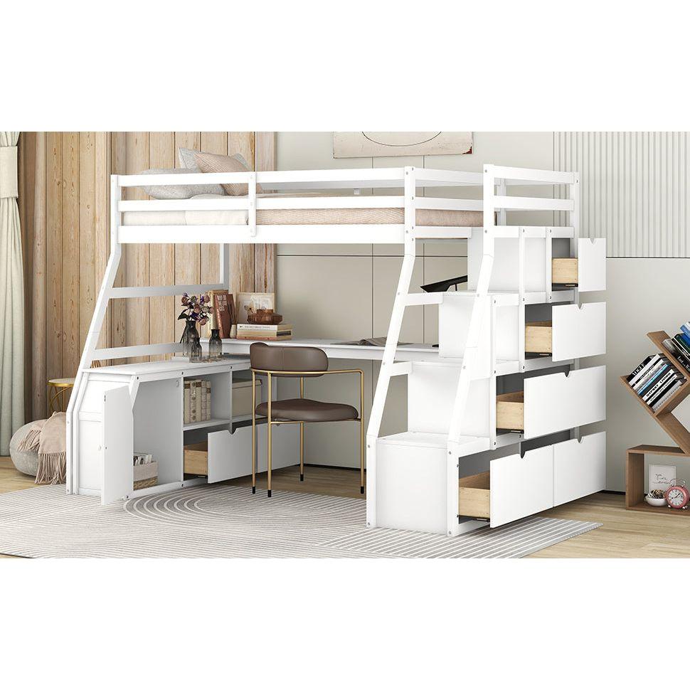 Twin Size Loft Bed with 7 Drawers 2 Shelves and Desk - White