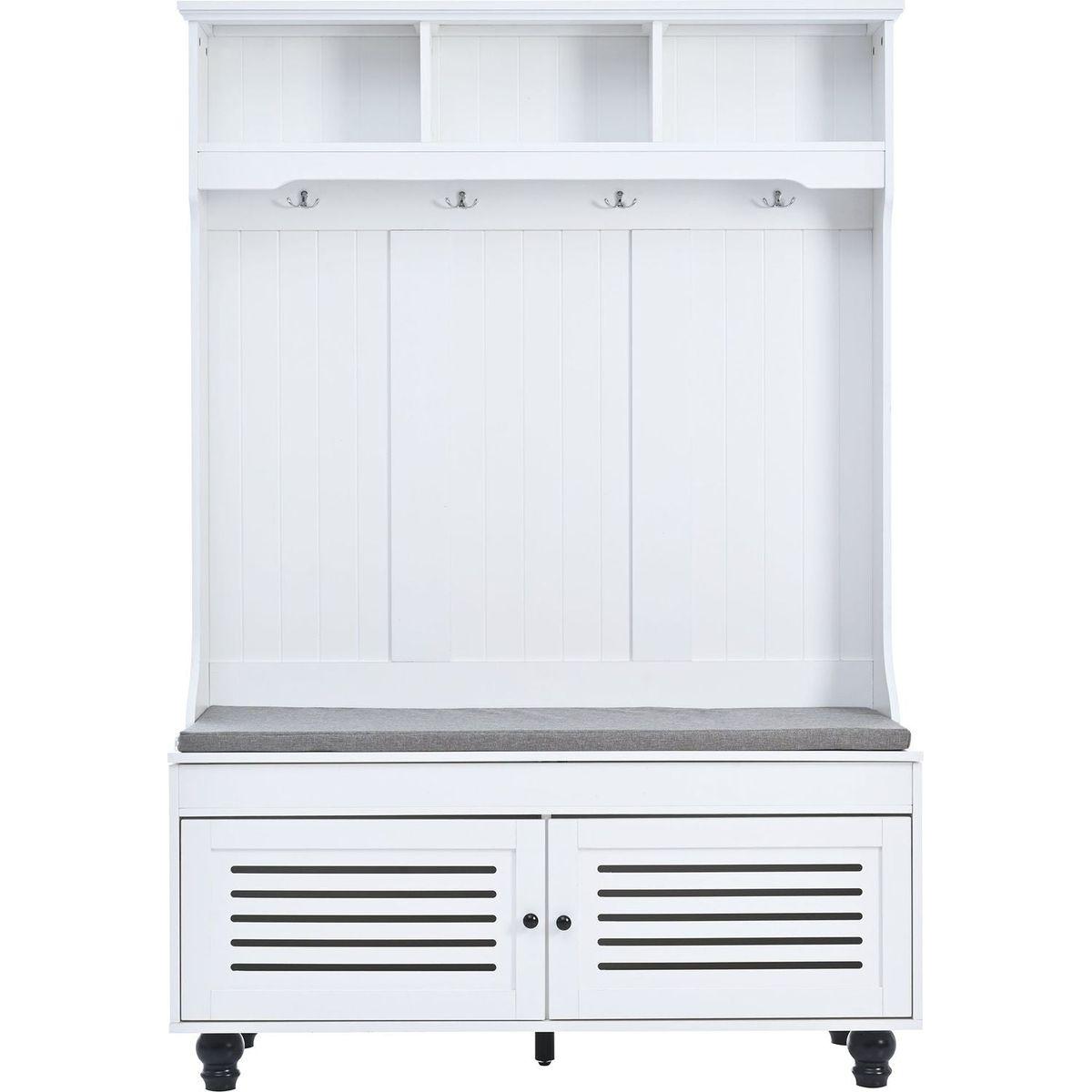5-in-1 Entryway Bench with Shutter-shaped doors, Coat Rack, Cushion and 4 Sturdy Hooks, 47.2" Wide Hall Tree with Storage Bench for Hallway, Entryway, Living Room
