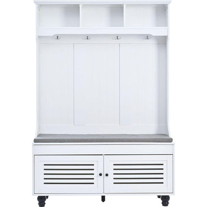 5-in-1 Entryway Bench with Shutter-shaped doors, Coat Rack, Cushion and 4 Sturdy Hooks, 47.2" Wide Hall Tree with Storage Bench for Hallway, Entryway, Living Room