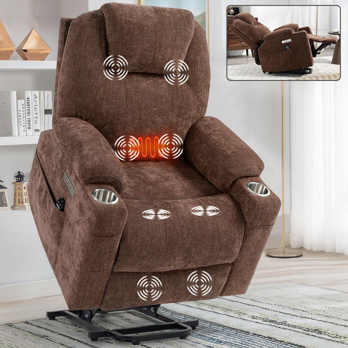 Okin motor Up to 350 LBS Chenille Power Lift Recliner Chair, Heavy Duty Motion Mechanism with 8-Point Vibration Massage and Lumbar Heating, USB and Type-C Ports, Stainless Steel Cup Holders, Brown