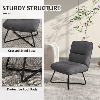 Armless Accent Chair, Upholstered Slipper Chair for Living Room with Crossed Steel Legs, Dark Gray