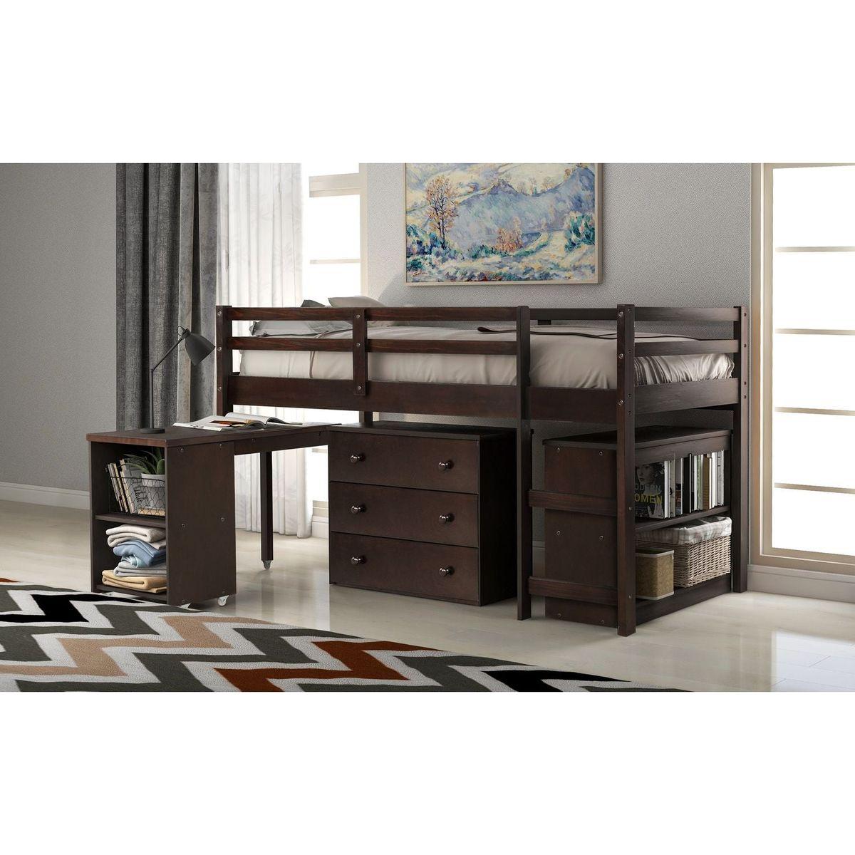 Low Study Twin Loft Bed with Cabinet and Rolling Portable Desk - Espresso