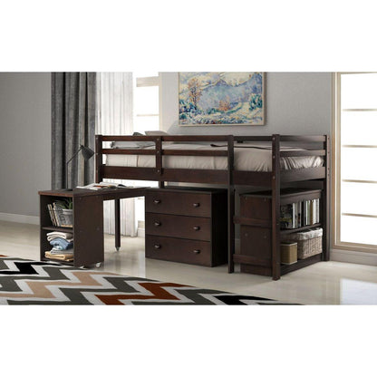 Low Study Twin Loft Bed with Cabinet and Rolling Portable Desk - Espresso