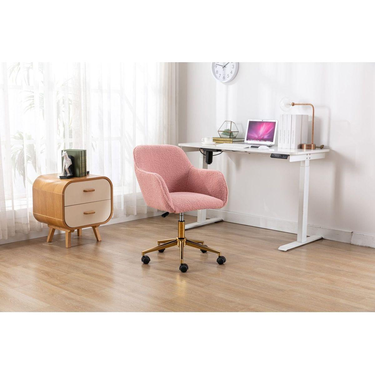 Modern Teddy Fabric Material Adjustable Height 360 Revolving Home Office Chair With Gold Metal Legs And Universal Wheel For Indoor,Pink