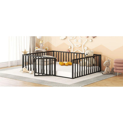Queen Size Metal Floor Bed Frame with Fence and Door, Black