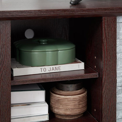 TV Media Stand with with Faux Stacked Stone Surround, Modern Entertainment Console with Open Storage Space, Cherry, 58.31"Wx15.39"Dx26.06"H