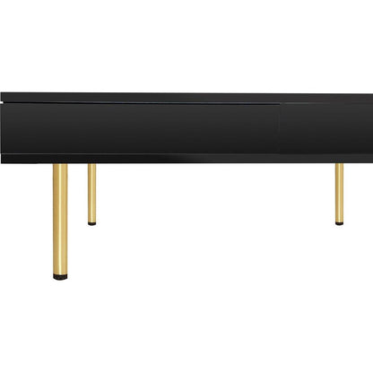 Exquisite High Gloss Coffee Table with 4 Golden Legs and 2 Small Drawers, 2-Tier Square Center Table for Living Room, Black