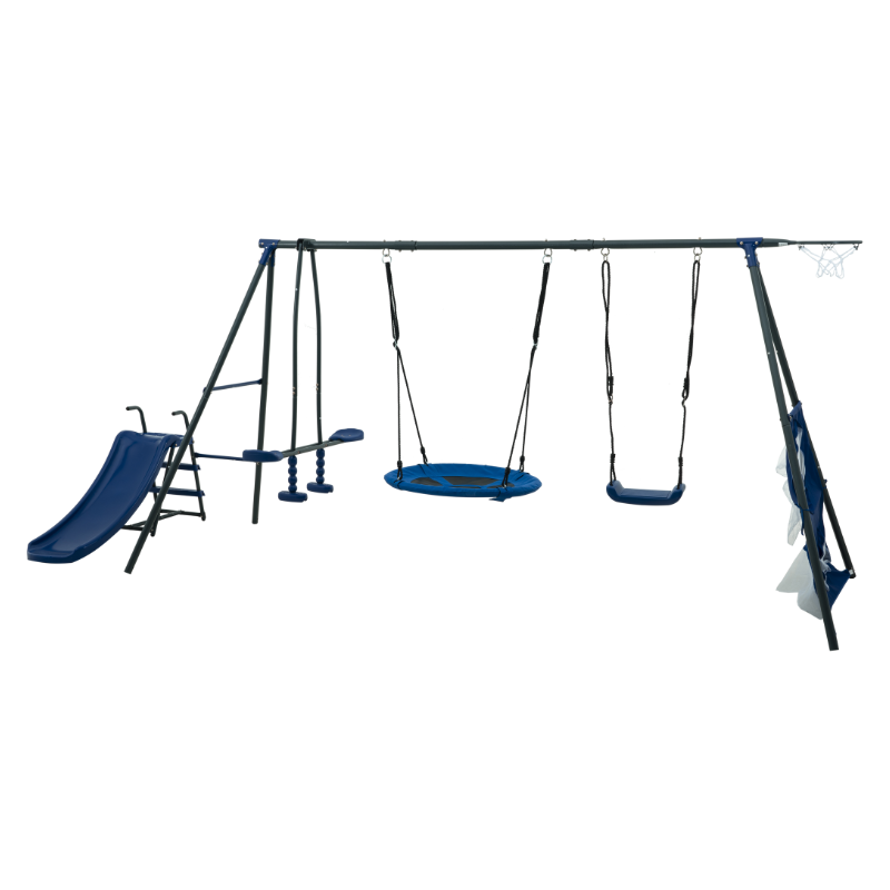 XNS052 grey and blue interesting six function swingset with net swing metal plastic safe swing set 440lbs for outdoor playground for age 3+ with 31.5in net swing