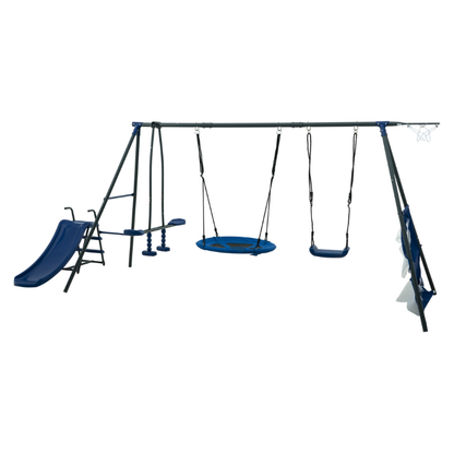 XNS052 grey and blue interesting six function swingset with net swing metal plastic safe swing set 440lbs for outdoor playground for age 3+ with 31.5in net swing