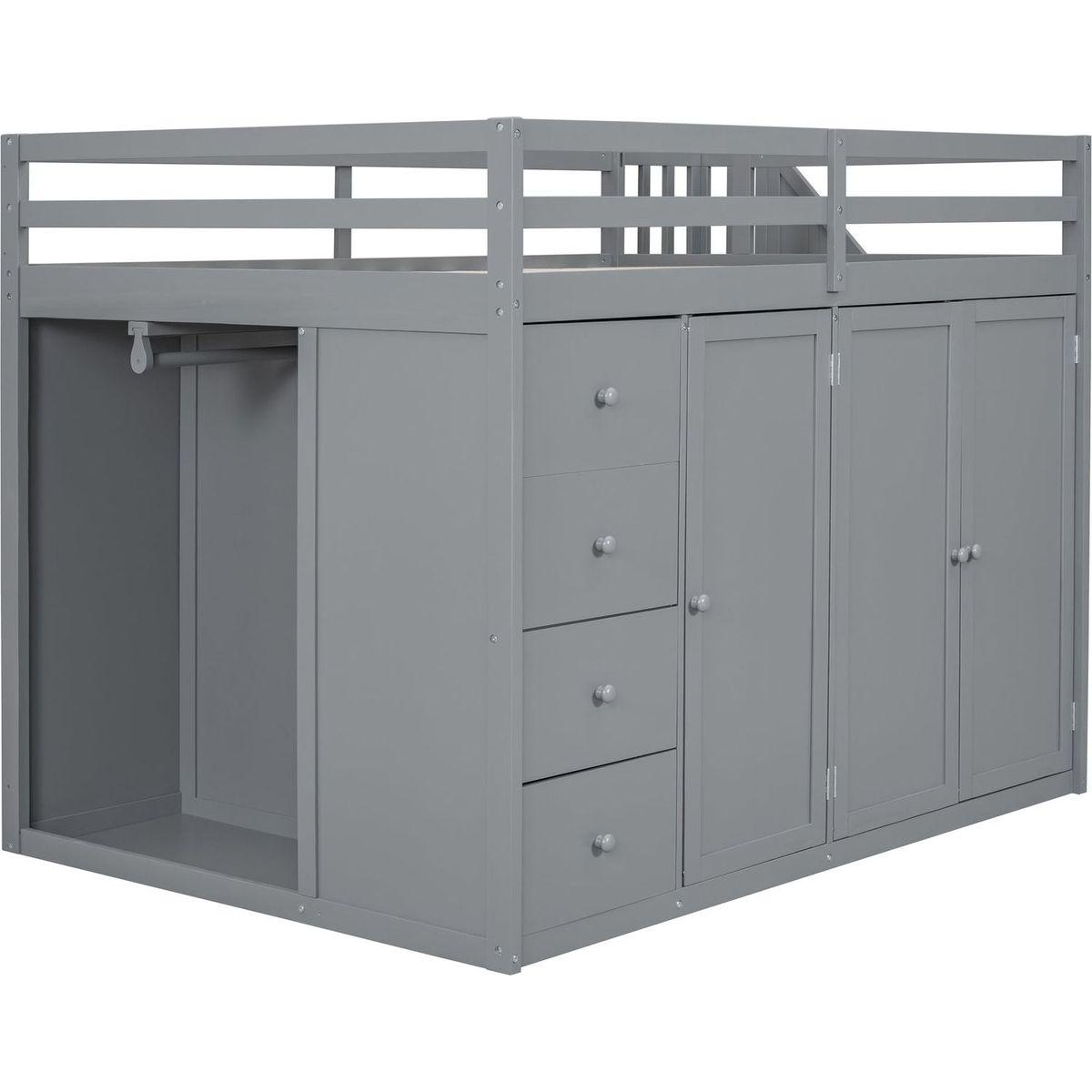 Full Size Wood Loft Bed With Built-in Wardrobes, Cabinets and Drawers, Gray