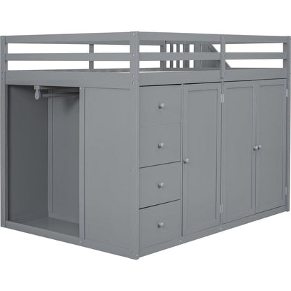 Full Size Wood Loft Bed With Built-in Wardrobes, Cabinets and Drawers, Gray