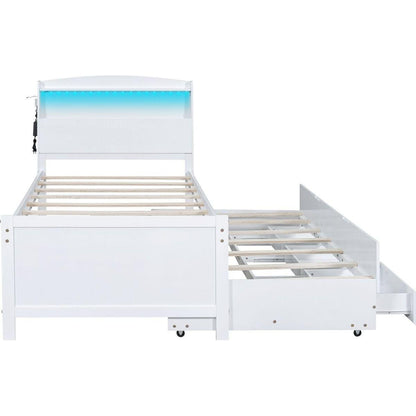 Twin Size Platform Bed with Storage LED Headboard, Twin Size Trundle and 3 Drawers, White
