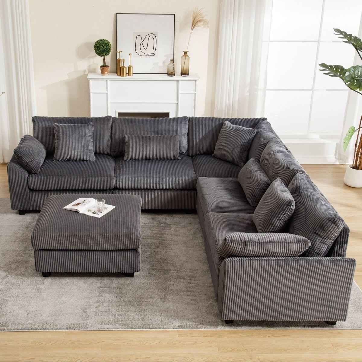 {NEW ARRIVAL} Oversized Modular Sectional Sofa Couches Set,Corduroy Upholstered Deep Seat Comfy Sofa for Living Room,Dark Gray