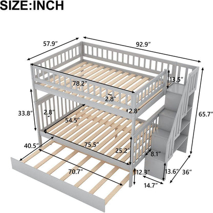 Full over Full Bunk Bed with Trundle and Staircase,Gray