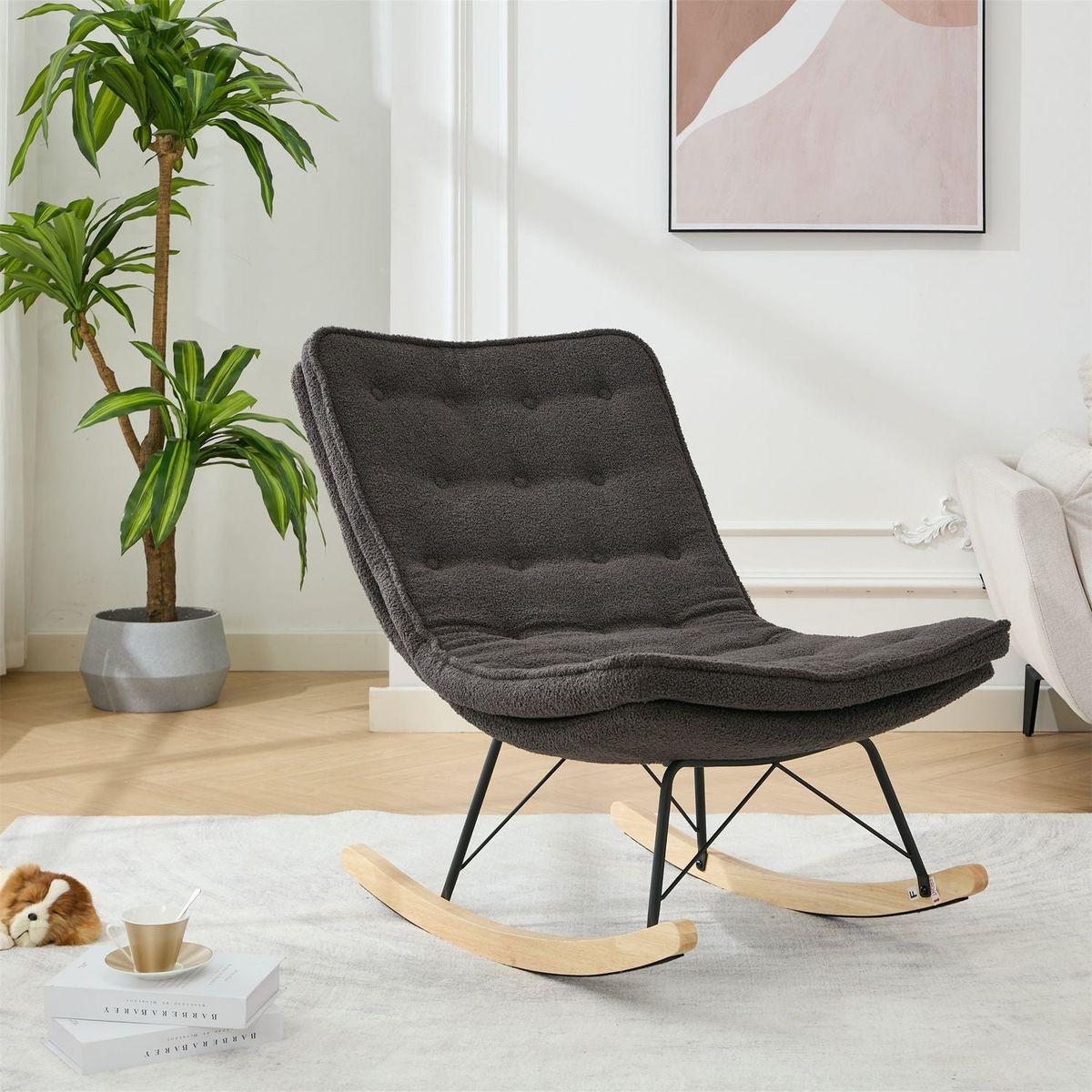Lazy Rocking Chair,Comfortable Lounge Chair with Wide Backrest and Seat Wood Base, Upholstered Armless Rocker Chair for Living room, Balcony,Bedroom and Patio Porch. (GREY)