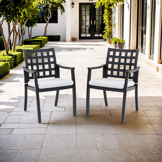 Modern Classic Cast Aluminum Outdoor Patio 2-Piece Dining Chairs, Textured Ember Black Finish, Ergonomic Lattice Backrest Design, Sunbrella Fabric Cushion,Weather-Resistant and Durable for Garden.