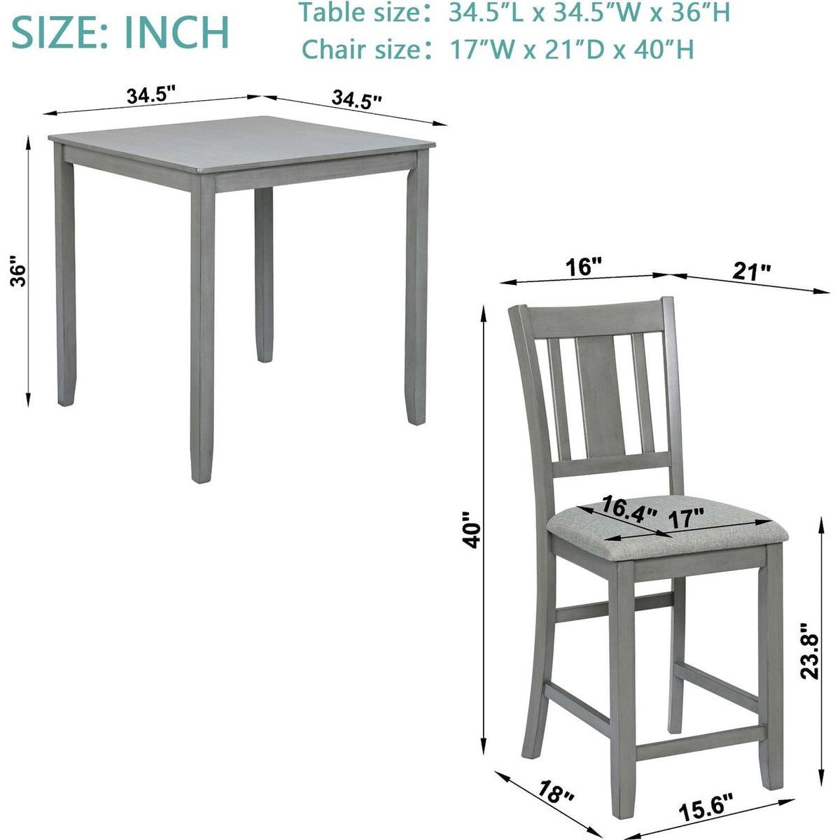 5 Piece Dining Table Set, Wooden Dining Square Table Set for 4, Counter Height Kitchen Table Set with Square Table and 4 Upholstered Chairs for Small Space, Gray - Streamdale Furniture