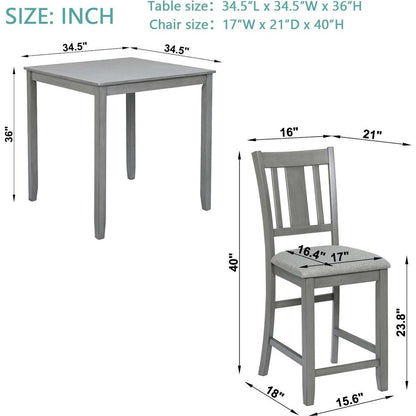 5 Piece Dining Table Set, Wooden Dining Square Table Set for 4, Counter Height Kitchen Table Set with Square Table and 4 Upholstered Chairs for Small Space, Gray - Streamdale Furniture