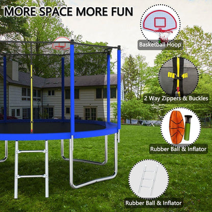 12FT Trampoline for Kids & Adults with Basketball Hoop and Ball, Recreational Trampolines with Safety Enclosure for Back Yard Outdoor