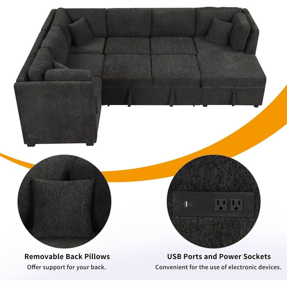 108.6" U-shaped Sectional Sofa Pull out Sofa Bed with Two USB Ports, Two Power Sockets, Three Back Pillows and a Storage Chaise for Living Room, Black