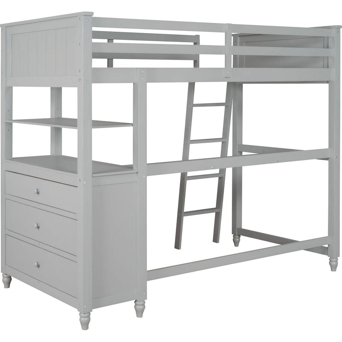 Twin size Loft Bed with Drawers and Desk, Wooden Loft Bed with Shelves - Gray