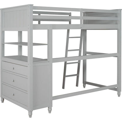 Twin size Loft Bed with Drawers and Desk, Wooden Loft Bed with Shelves - Gray