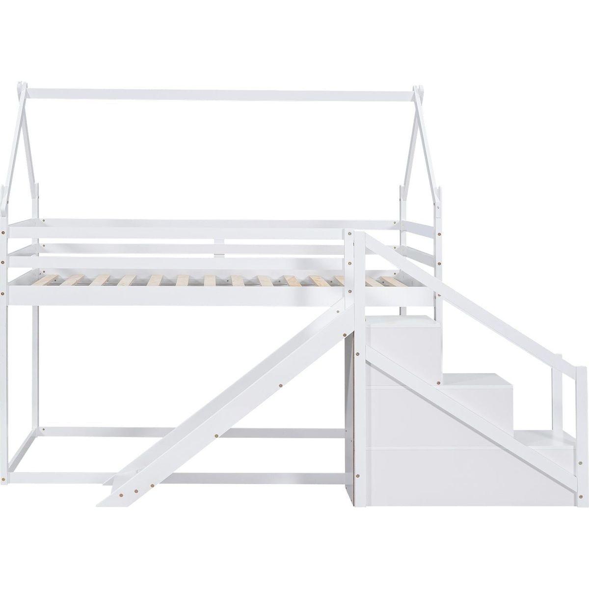 Twin over Twin House Loft or Bunk Bed with Slide and Staircase, White