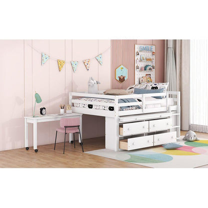 Full Size Loft Bed with Retractable Writing Desk and 4 Drawers, Wooden Loft Bed with Lateral Portable Desk and Shelves, White