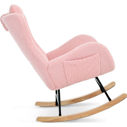 Rocking Chair Nursery, Teddy Upholstered Rocker Glider Chair with High Backrest, Adjustable Headrest & Pocket, Comfy Glider Chair for Nursery, Bedroom, Living Room, Offices, Rubber wood, pink