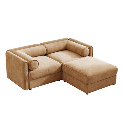Modern Stylish Camel Chenille 2-Seater Sofa with Ottoman Storage and Cylindrical Backrest