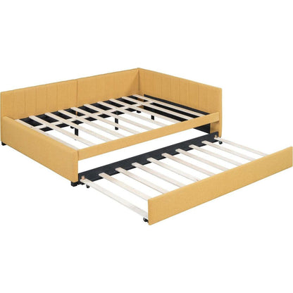 Full Size Upholstered Daybed with Trundle Sofa Bed Frame No Box Spring Needed, Linen Fabric(Yellow)