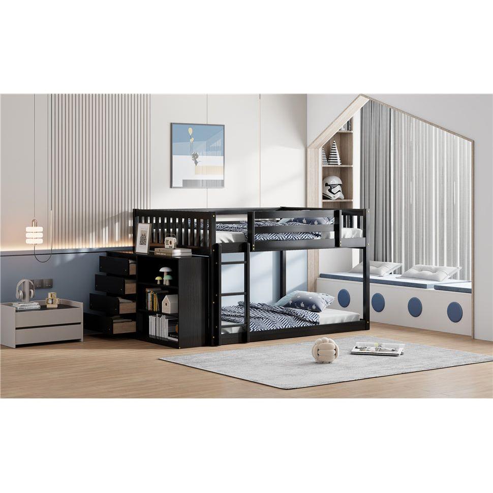 Full over Full Bunk Bed with 4 Drawers and 3 Shelves-Espresso