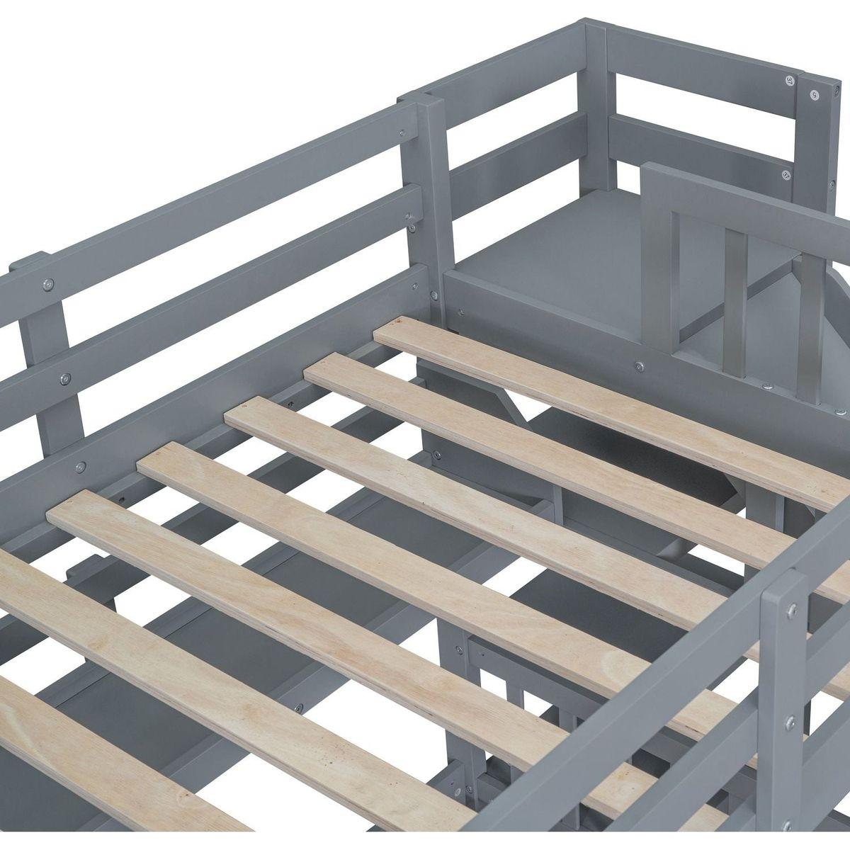 Twin-Over-Twin Castle Style Bunk Bed with 2 Drawers 3 Shelves and Slide - Gray