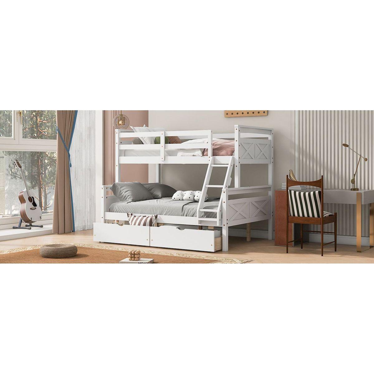 Twin over Full Bunk Bed with Ladder, Two Storage Drawers, Safety Guardrail, White