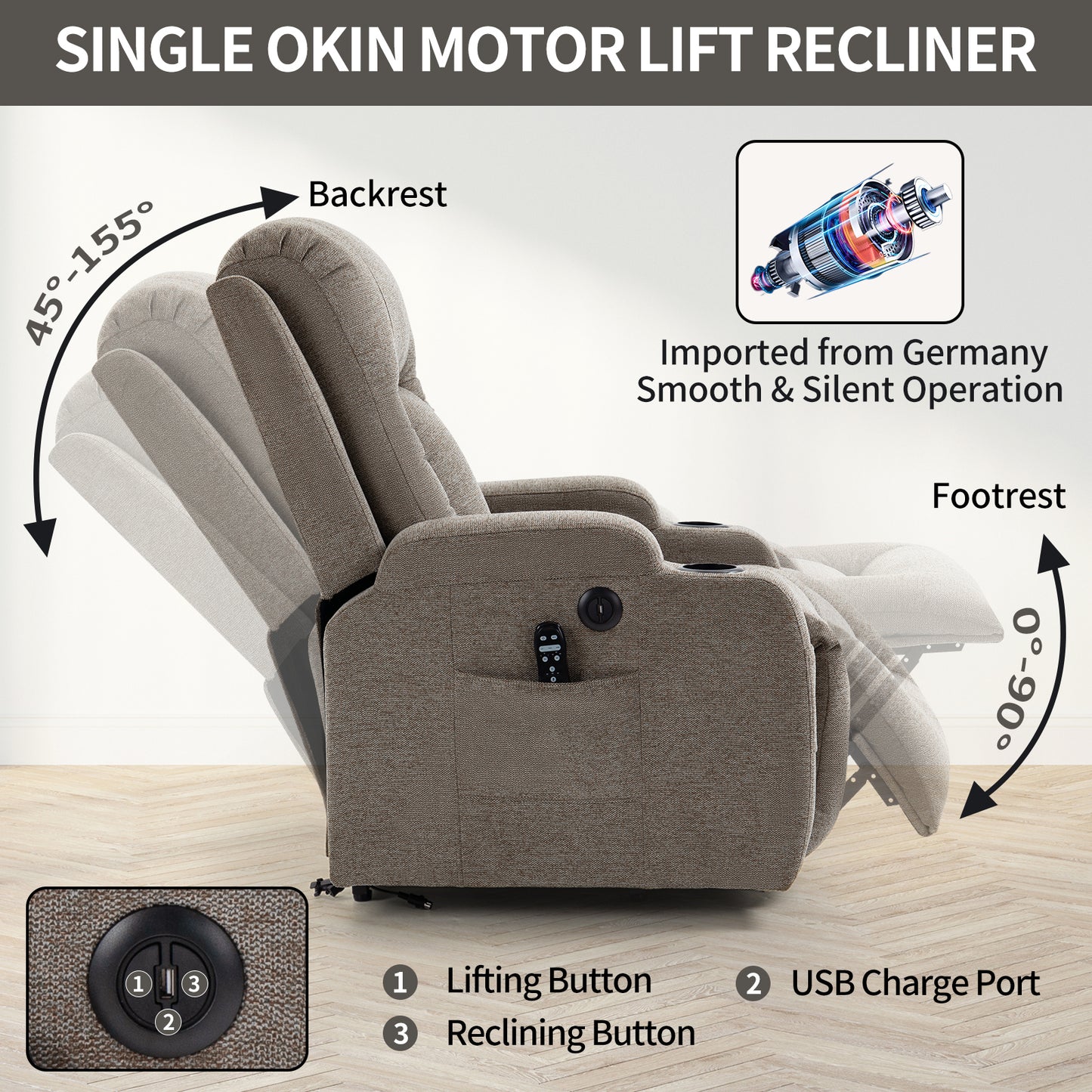 Infinite Position Single Motor Up to 350 LBS Power Lift Recliner Chair for Elderly, Heavy Duty Motion Mechanism with 8-Point Vibration Massage and Lumbar Heating, USB Charging Port, Cup Holders, Brown