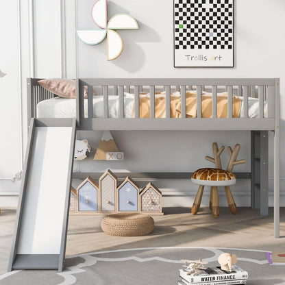 Full Size Low Loft Bed with Ladder and Slide,Gray